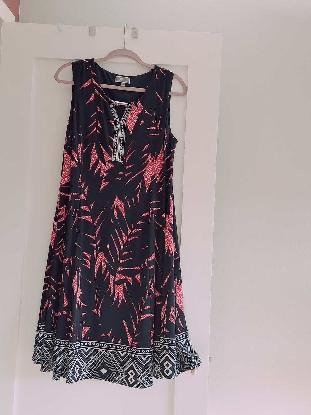 JM Collection Navy Dress with Fushia Background, Metallic Trim and Geometric Hem